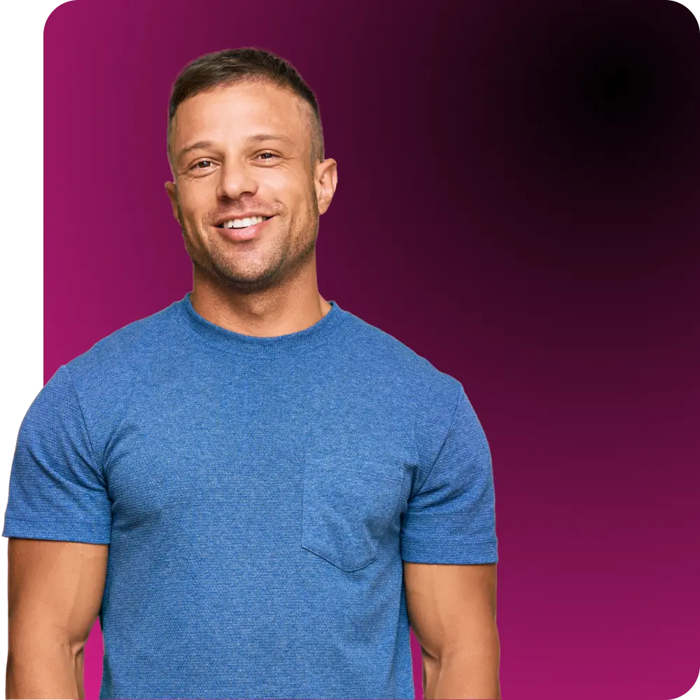 A smiling man in a blue shirt